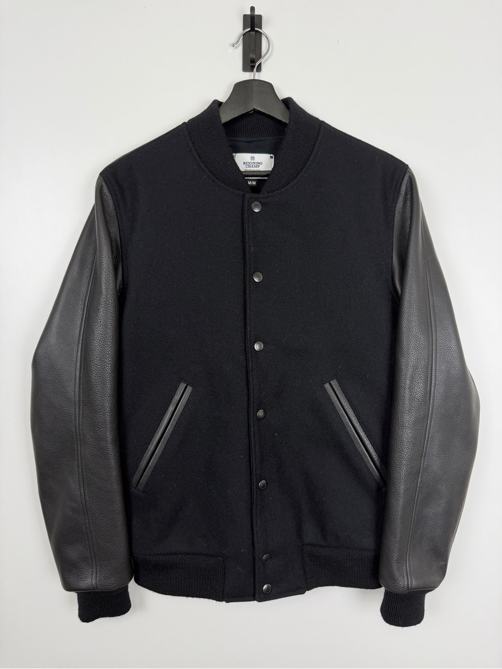 Reigning Champ Melton Wool Varsity Leather Jacket Black Cowhide Wool Nylon
